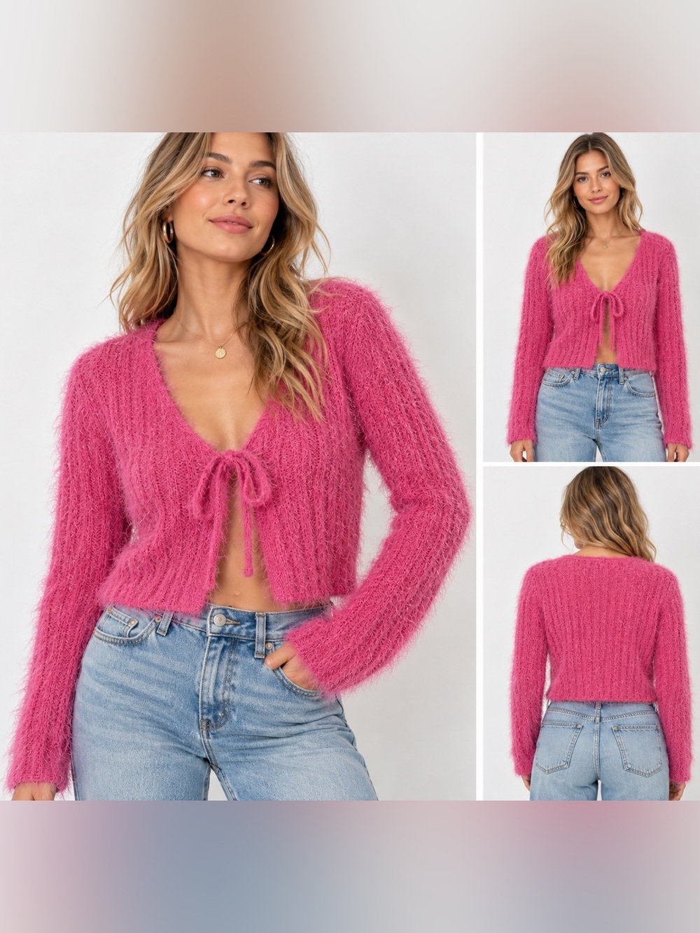 Fuzzy Tie-Front V-Neck Sweater Cardigan - Pink